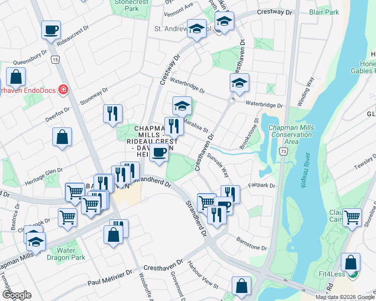 map of restaurants, bars, coffee shops, grocery stores, and more near 8 Karendale Street in Ottawa