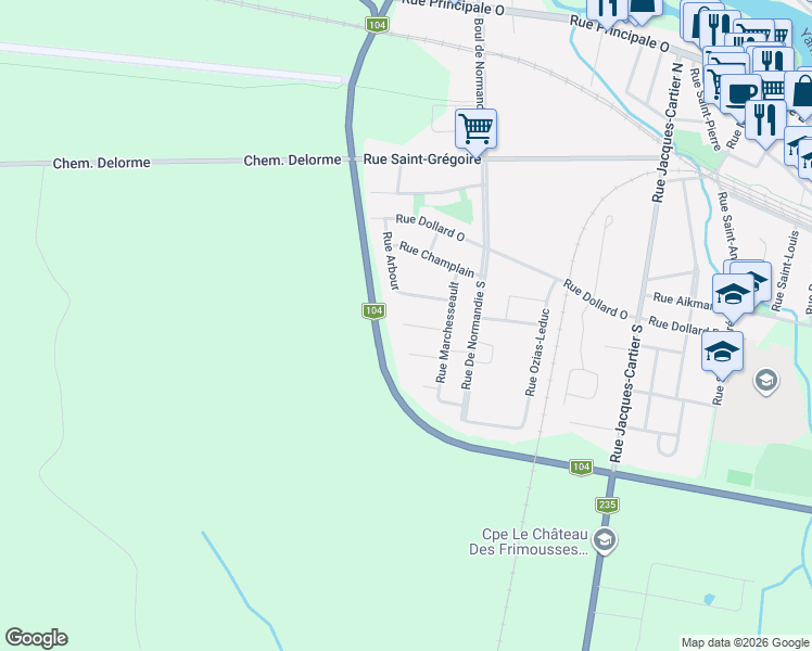 map of restaurants, bars, coffee shops, grocery stores, and more near Rue Daudelin in Farnham