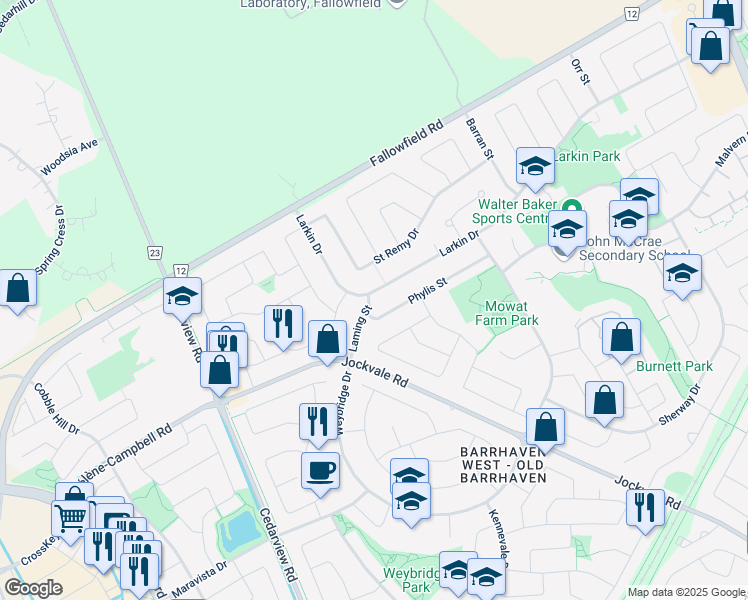 map of restaurants, bars, coffee shops, grocery stores, and more near 148 Larkin Drive in Ottawa