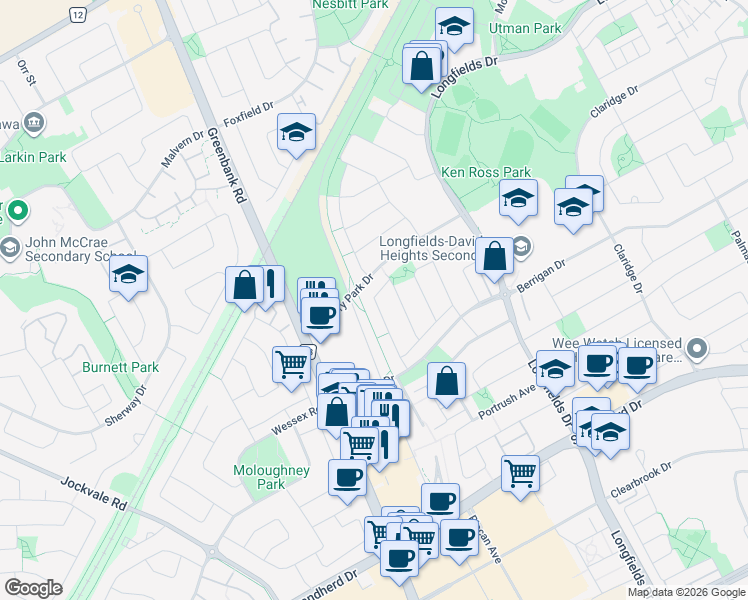 map of restaurants, bars, coffee shops, grocery stores, and more near Edgeware Drive in Ottawa