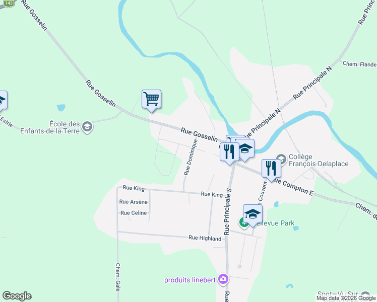 map of restaurants, bars, coffee shops, grocery stores, and more near 227 Rue Dominique in Waterville