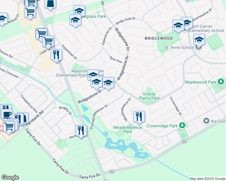 map of restaurants, bars, coffee shops, grocery stores, and more near 57 Sunnybrooke Drive in Ottawa