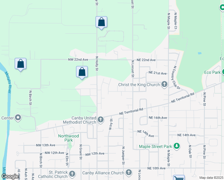 map of restaurants, bars, coffee shops, grocery stores, and more near 1882 North Holly Street in Canby