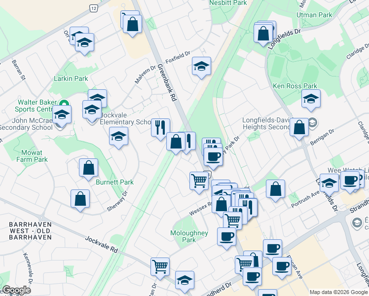 map of restaurants, bars, coffee shops, grocery stores, and more near Sunridge Lane in Ottawa