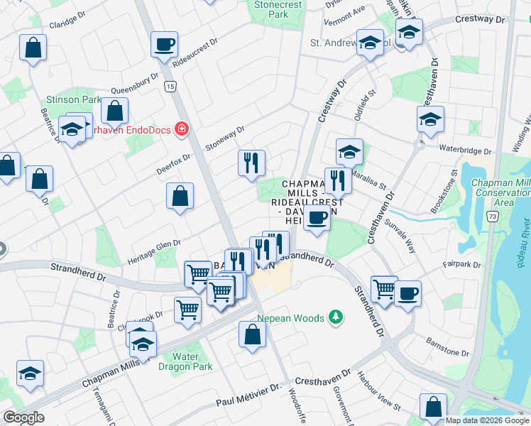 map of restaurants, bars, coffee shops, grocery stores, and more near in Ottawa