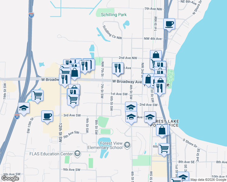 map of restaurants, bars, coffee shops, grocery stores, and more near 544 1st Avenue Southwest in Forest Lake