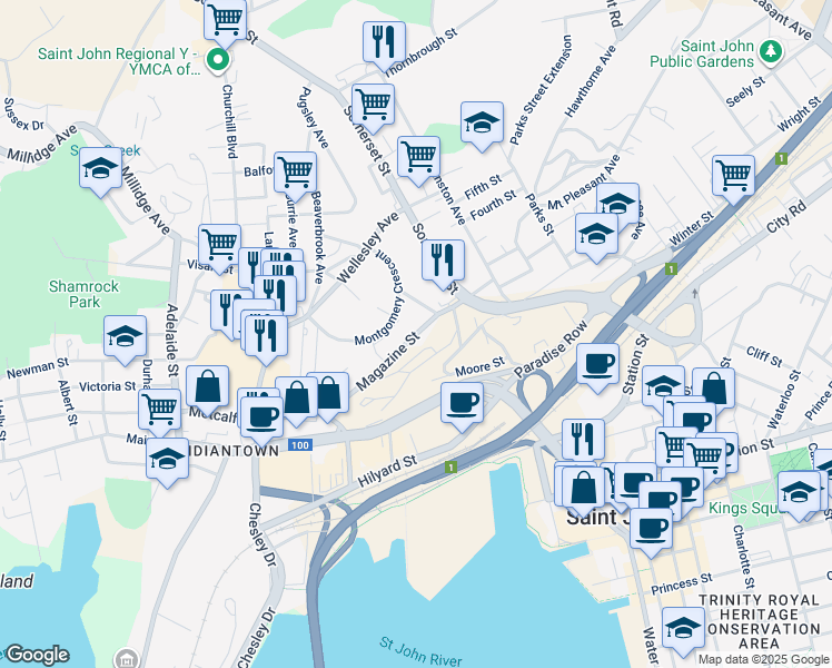 map of restaurants, bars, coffee shops, grocery stores, and more near 55 Magazine St in St John
