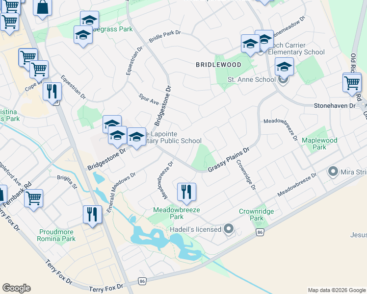map of restaurants, bars, coffee shops, grocery stores, and more near 22 Eagleview Street in Ottawa