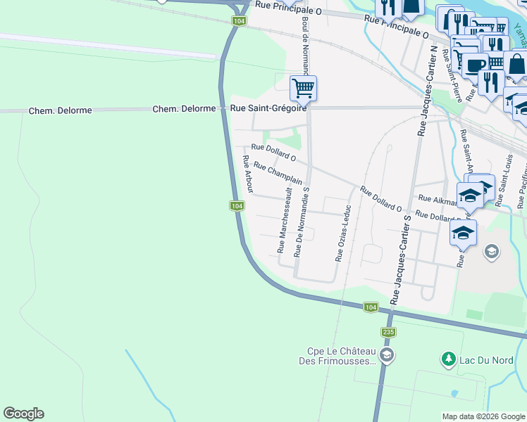 map of restaurants, bars, coffee shops, grocery stores, and more near Rue Daudelin in Farnham