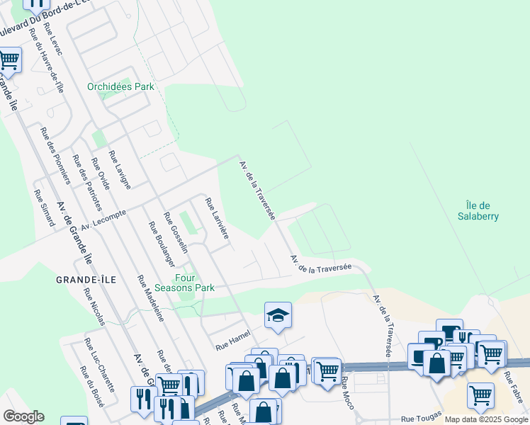 map of restaurants, bars, coffee shops, grocery stores, and more near 625 Avenue de la Traversée in Salaberry-de-Valleyfield