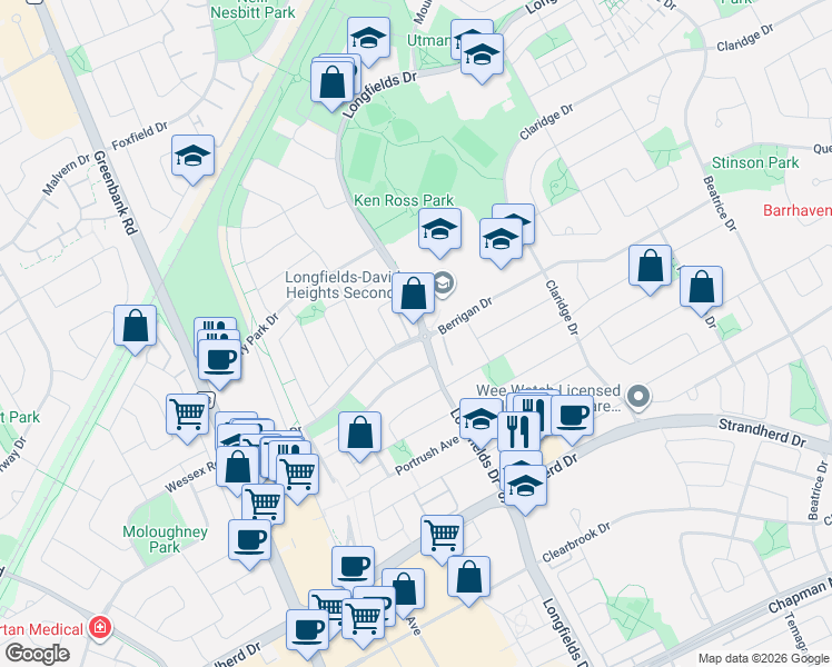 map of restaurants, bars, coffee shops, grocery stores, and more near 845 Longfields Drive in Ottawa