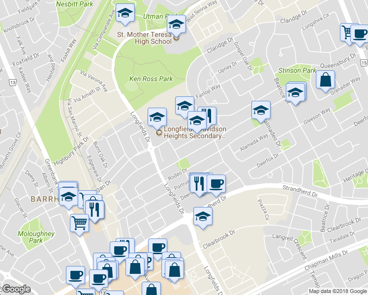 map of restaurants, bars, coffee shops, grocery stores, and more near 18 Madelon Drive in Ottawa