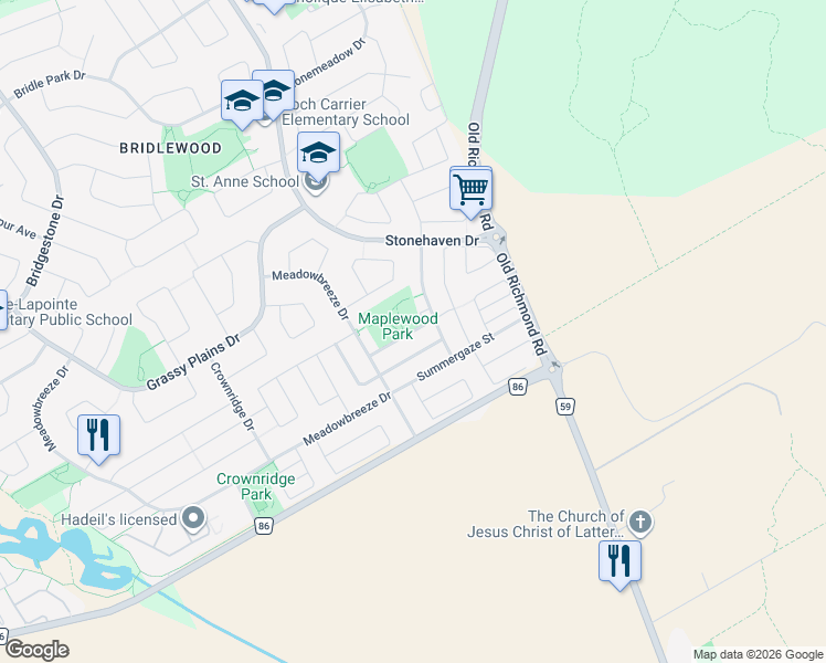 map of restaurants, bars, coffee shops, grocery stores, and more near Pinelock Street in Ottawa
