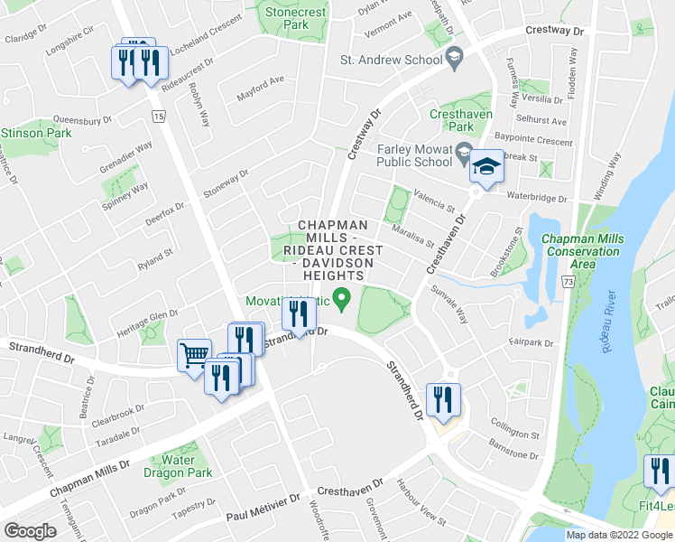 map of restaurants, bars, coffee shops, grocery stores, and more near 39 Grovehurst Drive in Ottawa