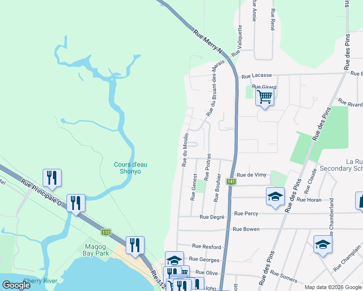 map of restaurants, bars, coffee shops, grocery stores, and more near 931 Rue du Moulin in Magog