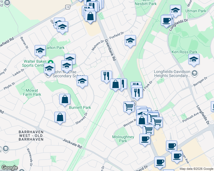 map of restaurants, bars, coffee shops, grocery stores, and more near 51 Burnetts Grove Circle in Ottawa