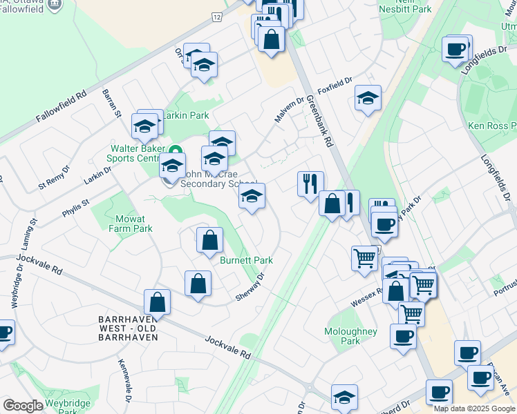 map of restaurants, bars, coffee shops, grocery stores, and more near 7 Tedwyn Drive in Ottawa