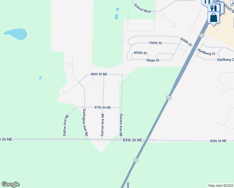 map of restaurants, bars, coffee shops, grocery stores, and more near 8839 Davern Avenue Northeast in Monticello