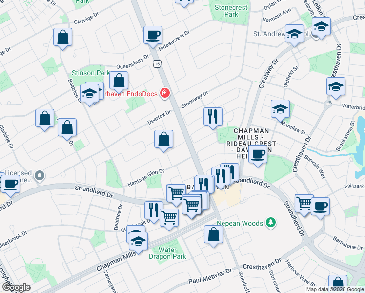 map of restaurants, bars, coffee shops, grocery stores, and more near 5 Tierney Drive in Ottawa