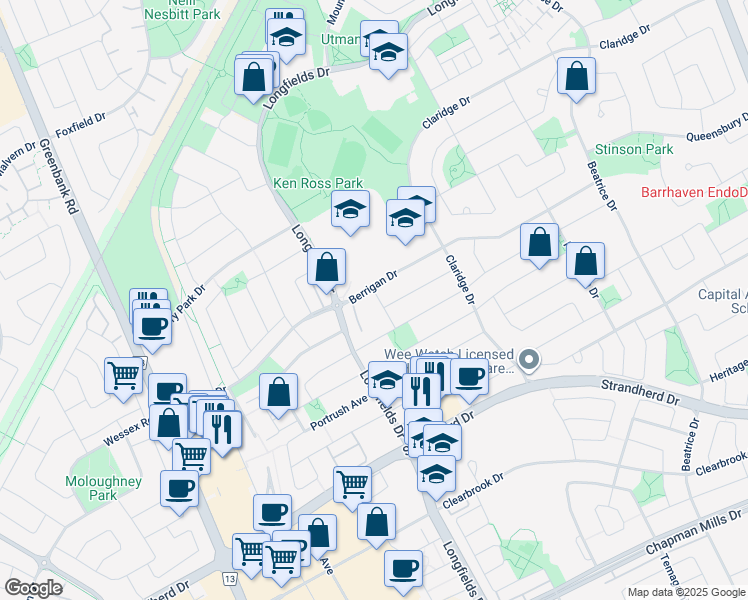map of restaurants, bars, coffee shops, grocery stores, and more near 8 Croxley Way in Ottawa