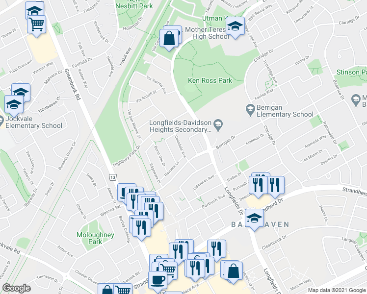map of restaurants, bars, coffee shops, grocery stores, and more near 13 Colindale Avenue in Ottawa