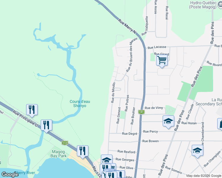 map of restaurants, bars, coffee shops, grocery stores, and more near 931 Rue du Moulin in Magog