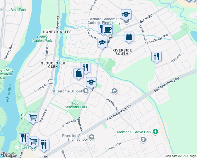 map of restaurants, bars, coffee shops, grocery stores, and more near 4430 Wildmint Square in Ottawa
