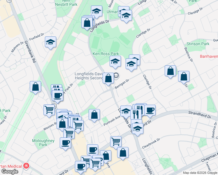 map of restaurants, bars, coffee shops, grocery stores, and more near 835 Longfields Drive in Ottawa