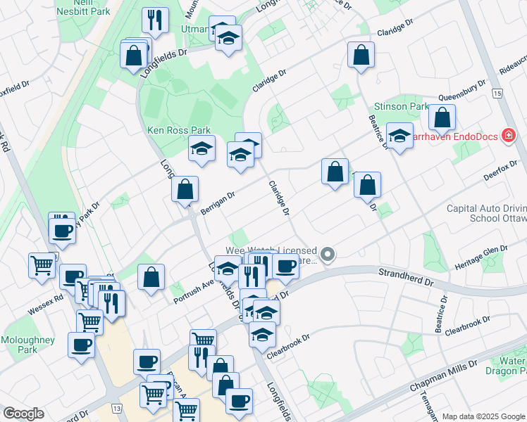 map of restaurants, bars, coffee shops, grocery stores, and more near 160 Calaveras Avenue in Ottawa