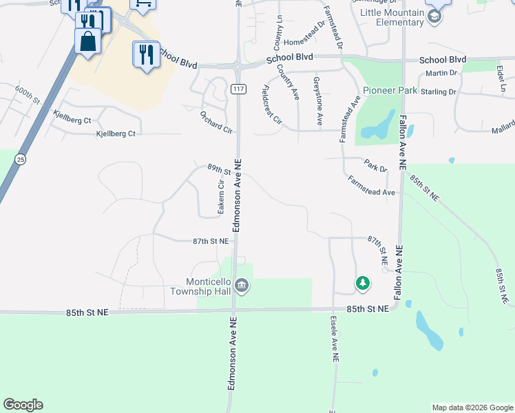 map of restaurants, bars, coffee shops, grocery stores, and more near 8524-8886 Edmonson Avenue Northeast in Monticello