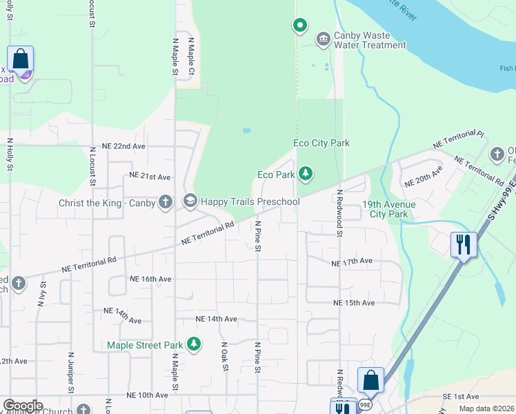 map of restaurants, bars, coffee shops, grocery stores, and more near 1200 Northeast Territorial Road in Canby