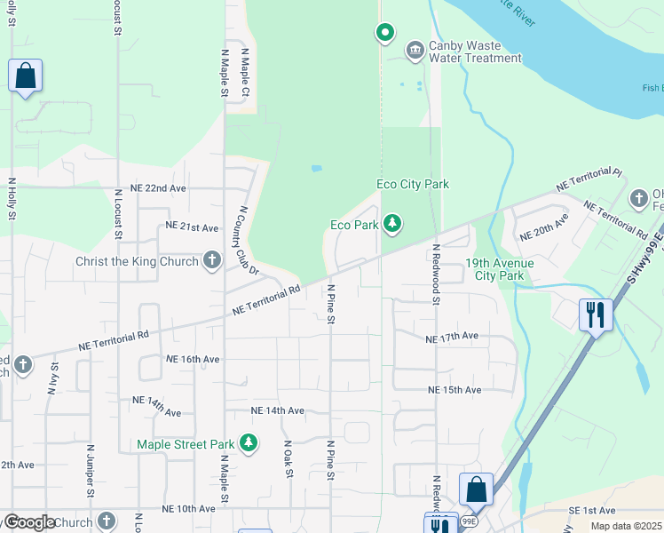 map of restaurants, bars, coffee shops, grocery stores, and more near 1200 Northeast Territorial Road in Canby