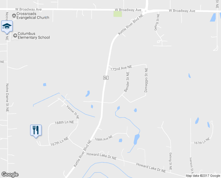 map of restaurants, bars, coffee shops, grocery stores, and more near 17039 Kettle River Boulevard Northeast in Forest Lake