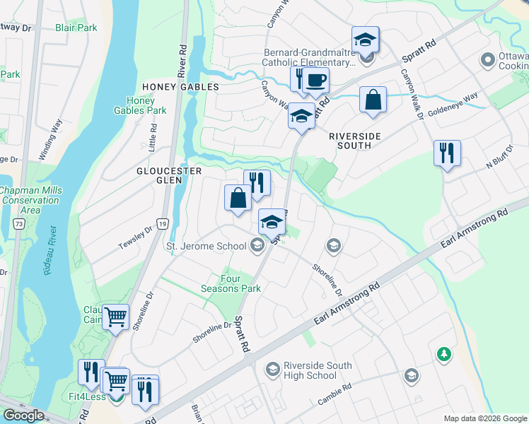 map of restaurants, bars, coffee shops, grocery stores, and more near 4199 Owl Valley Drive in Ottawa