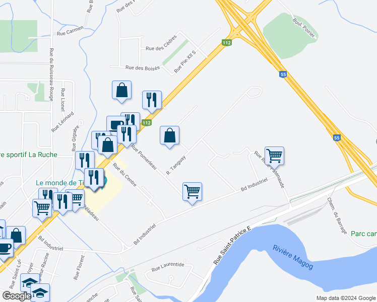map of restaurants, bars, coffee shops, grocery stores, and more near 2083 Rue Louis-Faucher in Magog