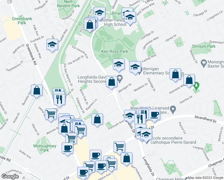 map of restaurants, bars, coffee shops, grocery stores, and more near 827 Longfields Drive in Ottawa