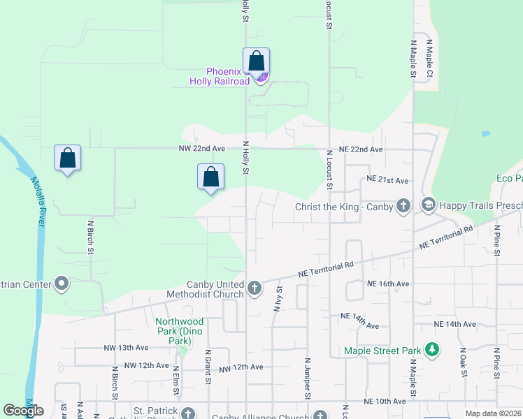 map of restaurants, bars, coffee shops, grocery stores, and more near 106 Northwest 19th Place in Canby