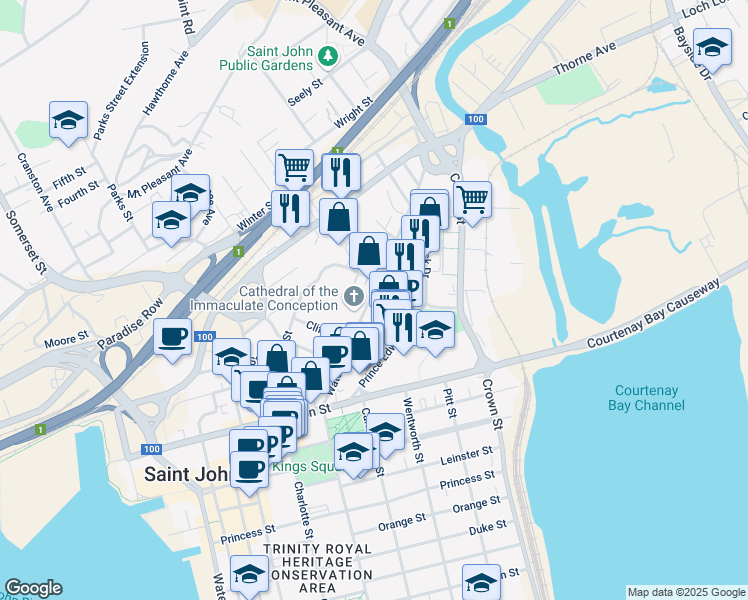 map of restaurants, bars, coffee shops, grocery stores, and more near 138 Waterloo Street in Saint John