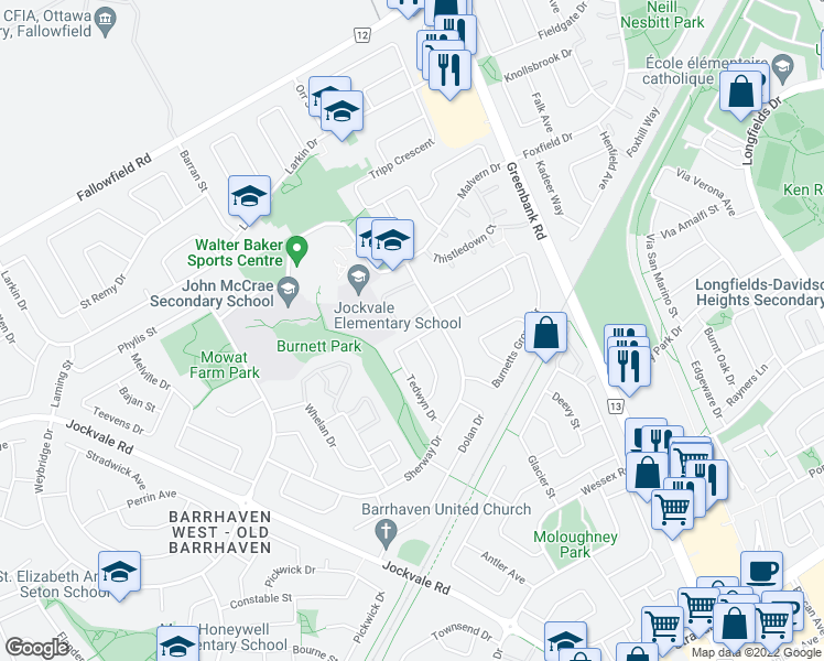 map of restaurants, bars, coffee shops, grocery stores, and more near 16 Tedwyn Drive in Ottawa