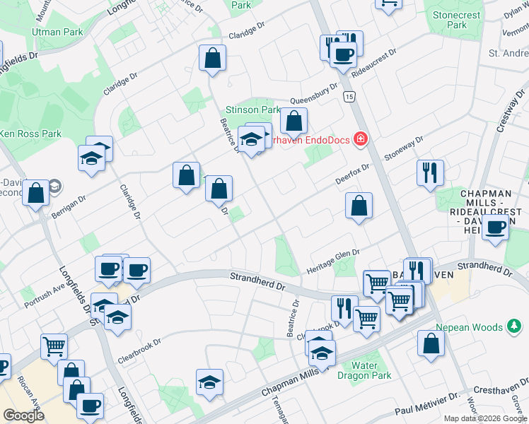 map of restaurants, bars, coffee shops, grocery stores, and more near in Ottawa