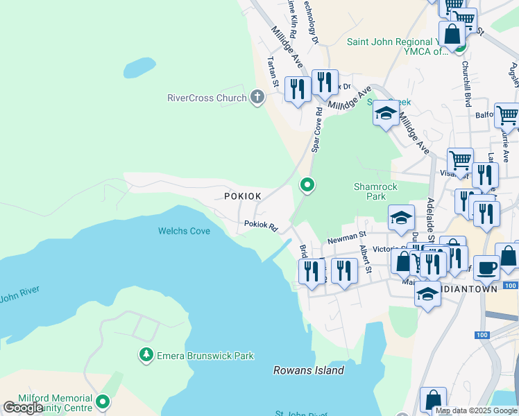 map of restaurants, bars, coffee shops, grocery stores, and more near 36 Belleview Avenue in Saint John