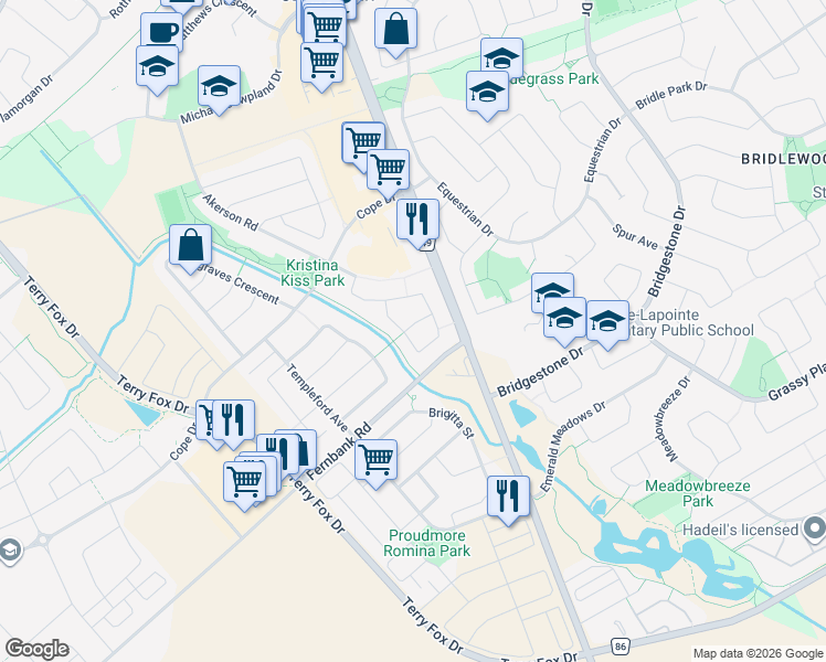 map of restaurants, bars, coffee shops, grocery stores, and more near 1500 Carronbridge Circle in Ottawa