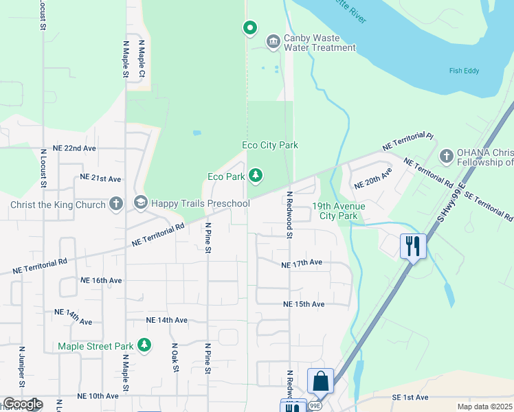 map of restaurants, bars, coffee shops, grocery stores, and more near 1335 Northeast Territorial Road in Canby