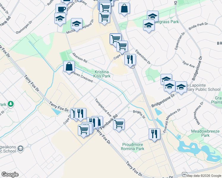 map of restaurants, bars, coffee shops, grocery stores, and more near 570 Pepperville Crescent in Ottawa