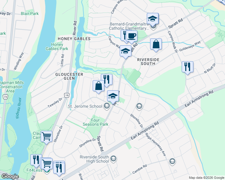 map of restaurants, bars, coffee shops, grocery stores, and more near Owl Valley Drive in Ottawa