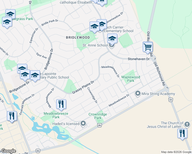 map of restaurants, bars, coffee shops, grocery stores, and more near 141 Grassy Plains Drive in Ottawa