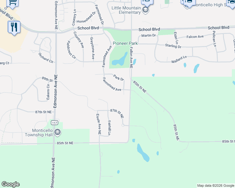 map of restaurants, bars, coffee shops, grocery stores, and more near 8839 Farmstead Court in Monticello