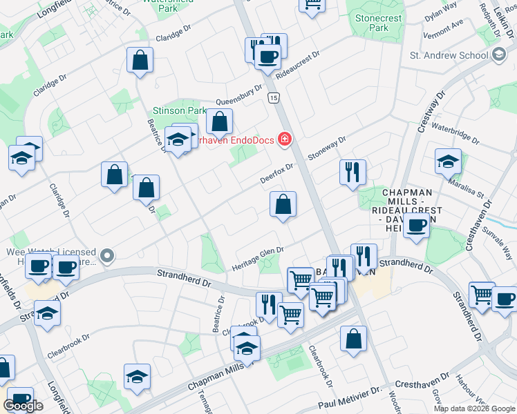 map of restaurants, bars, coffee shops, grocery stores, and more near 19 Settlers Ridge Way in Ottawa