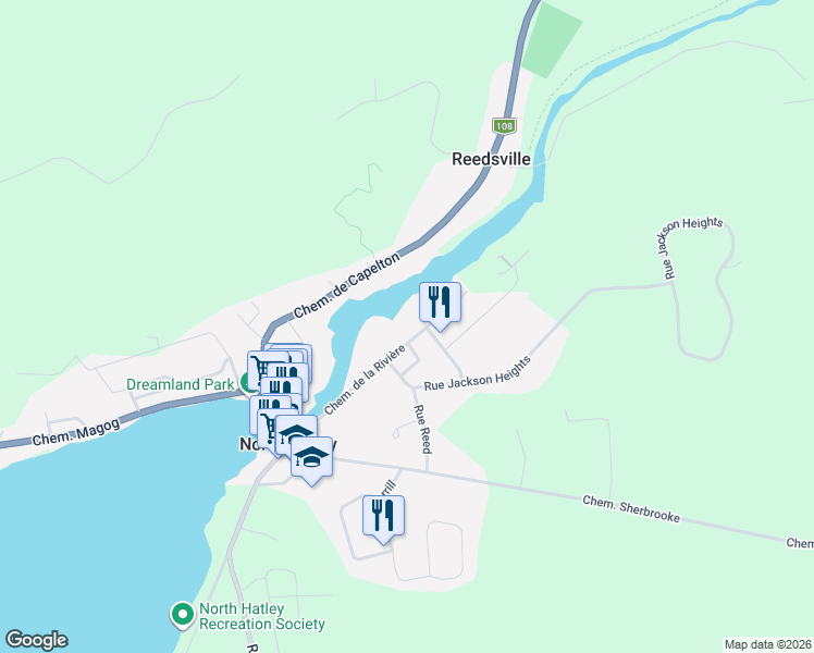 map of restaurants, bars, coffee shops, grocery stores, and more near 525 Chemin de la Rivière in North Hatley