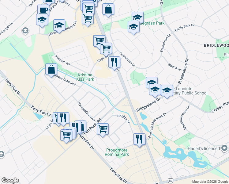 map of restaurants, bars, coffee shops, grocery stores, and more near 1608 Westhall Way in Ottawa